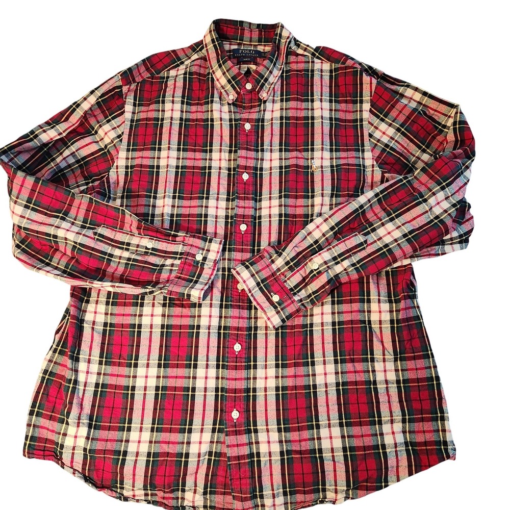 Polo Ralph Lauren Shirt Mens 2XL Red Plaid Slim Fit Long Sleeve Button Down